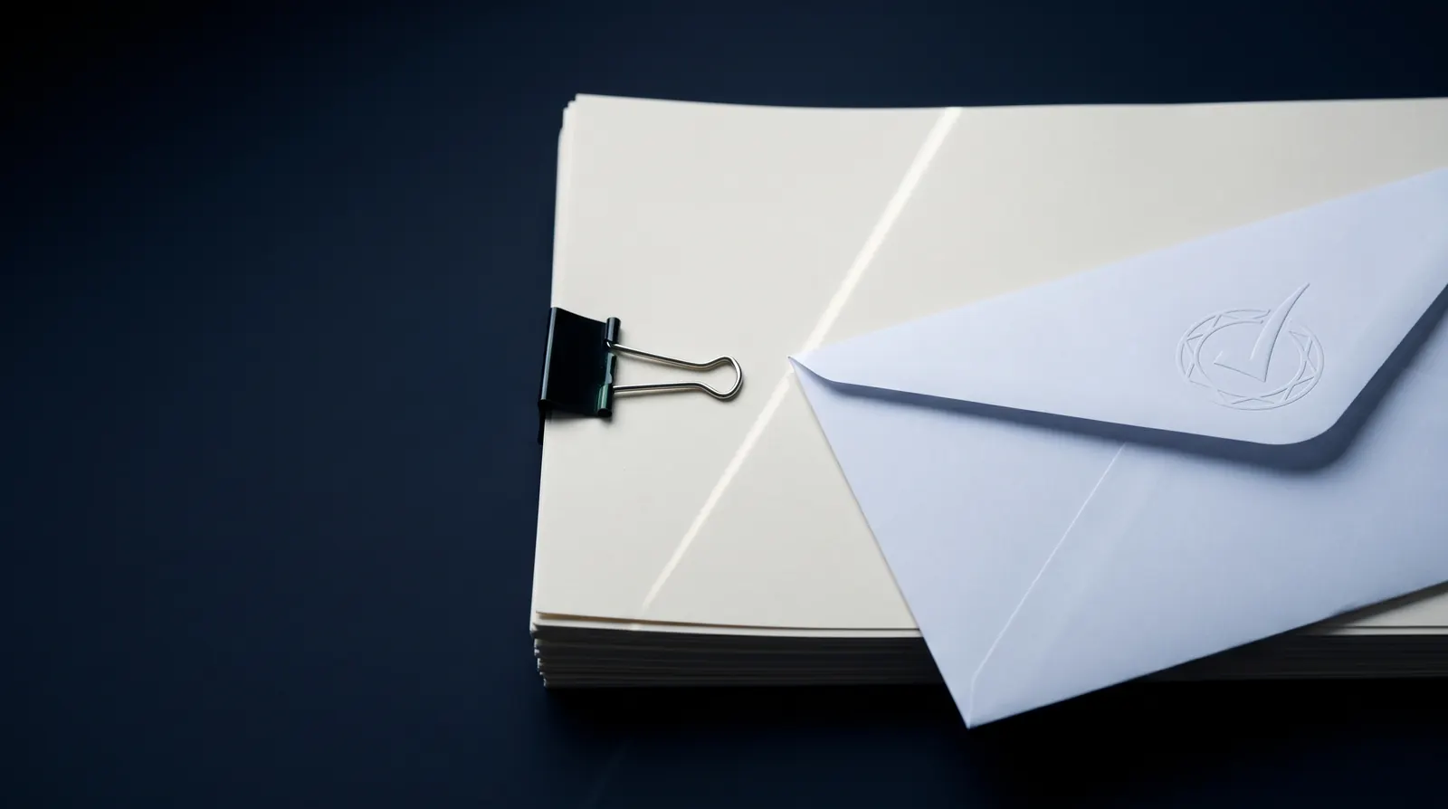 A clipped stack of documents beside an envelope embossed with a ring and a check mark.