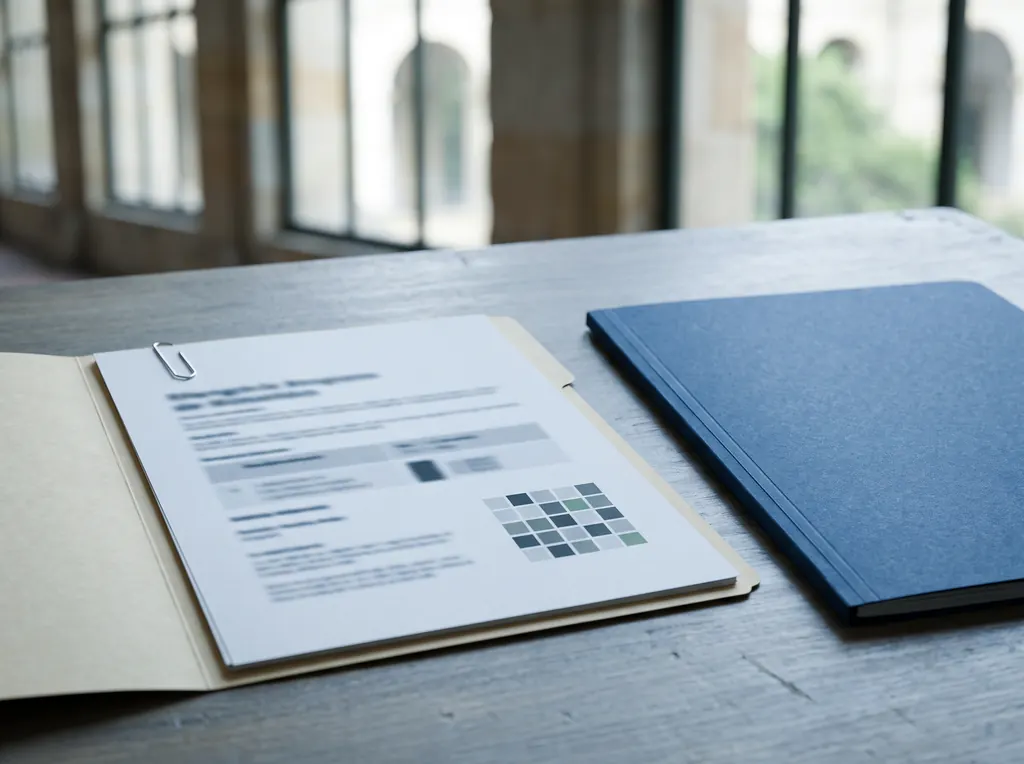 An evidence folder open on a desk, with a printed page and a closed blue folder.