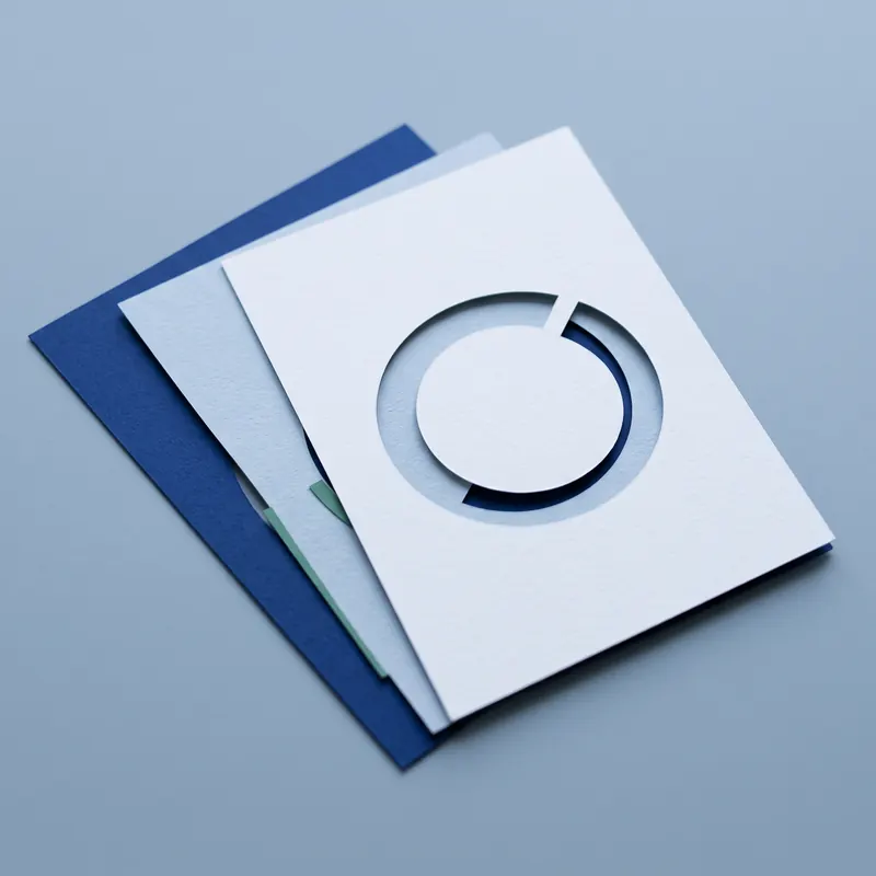 Three overlapping sheets of paper; the top one has an open ring cut out of it.