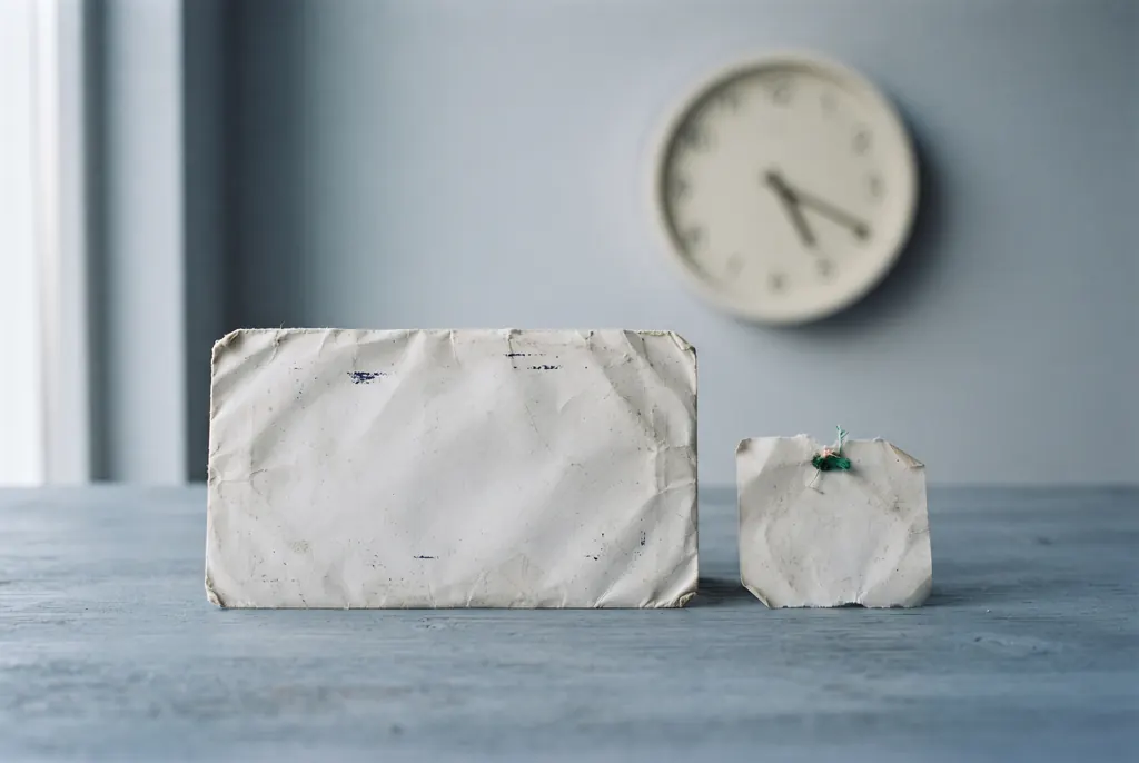 A worn envelope and a courier receipt on a desk, a wall clock in the background.
