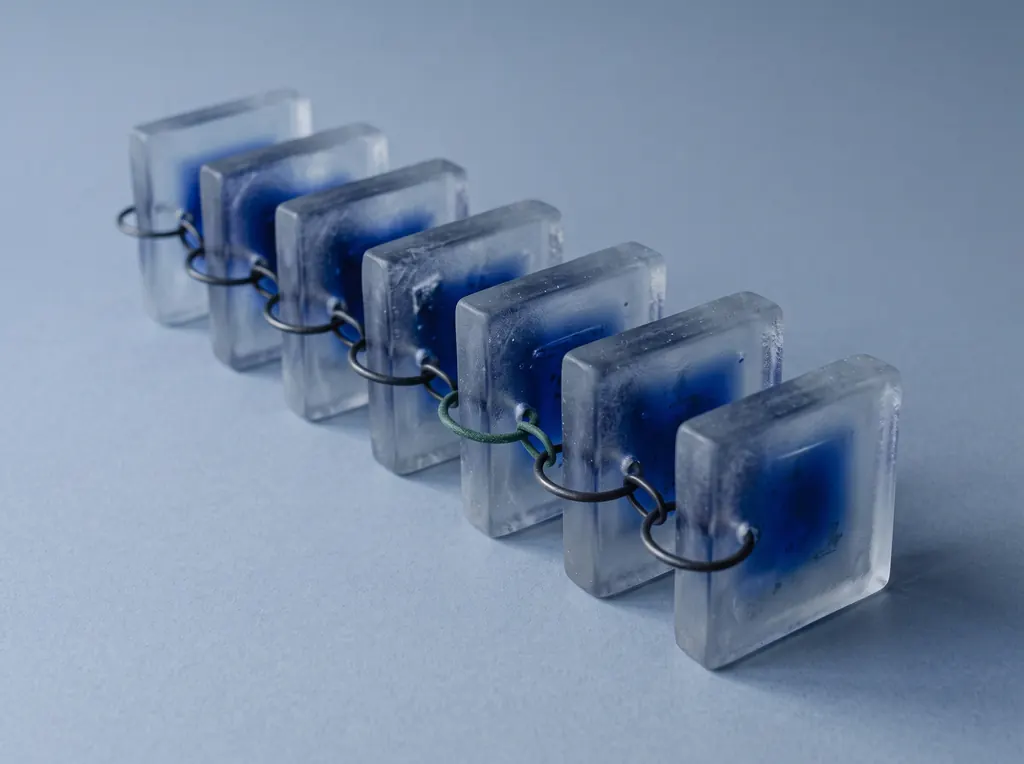 Bloques de vidrio unidos por anillos, uno tras otro: una cadena de hashes como objeto.